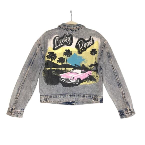 ASHLEY VINTAGE CHARM Trucker Painted Denim Jacket Sz M Acid Wash Cowgirl Biker - Picture 1 of 13